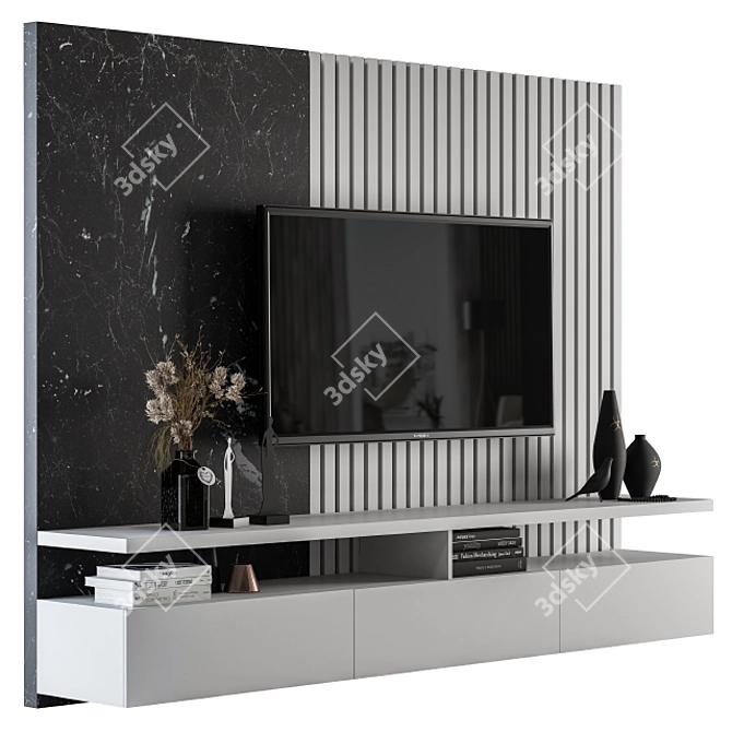 Elegant Gray & Black Marble TV Wall 3D model image 1