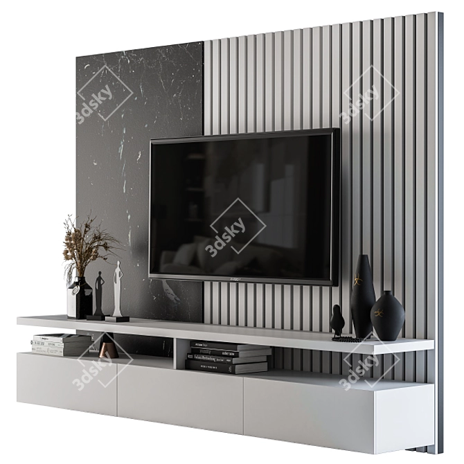 Elegant Gray & Black Marble TV Wall 3D model image 2