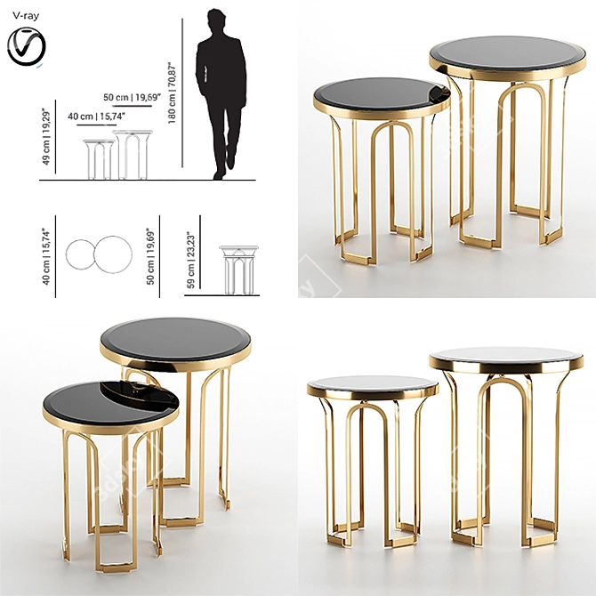 Luxury Tower Side Tables - Black Glass & Brass 3D model image 4