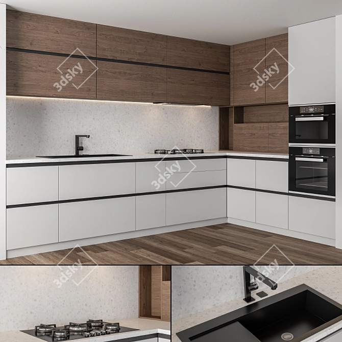 Wooden White Modern Kitchen: Elegant & Functional 3D model image 1