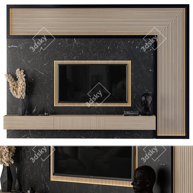 Modern Wood and Black Marble TV Set 3D model image 1