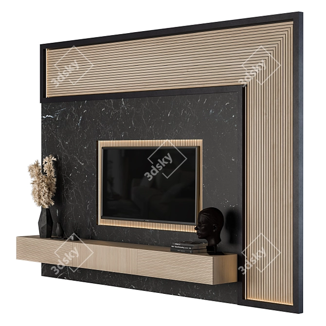 Modern Wood and Black Marble TV Set 3D model image 2