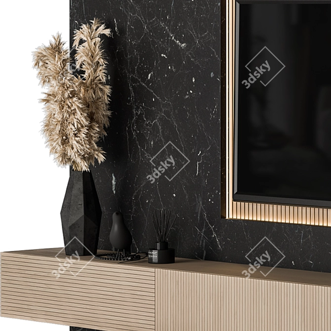 Modern Wood and Black Marble TV Set 3D model image 4