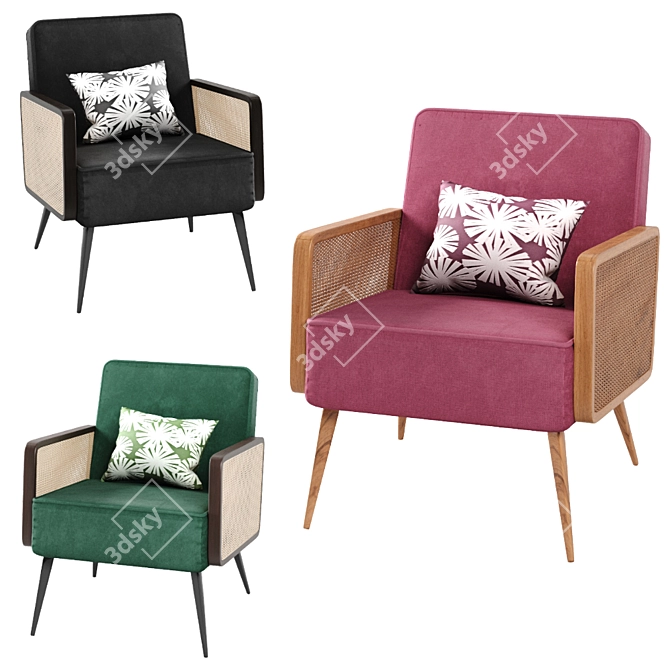 Stylish Rattan Velvet Armchair 3D model image 1