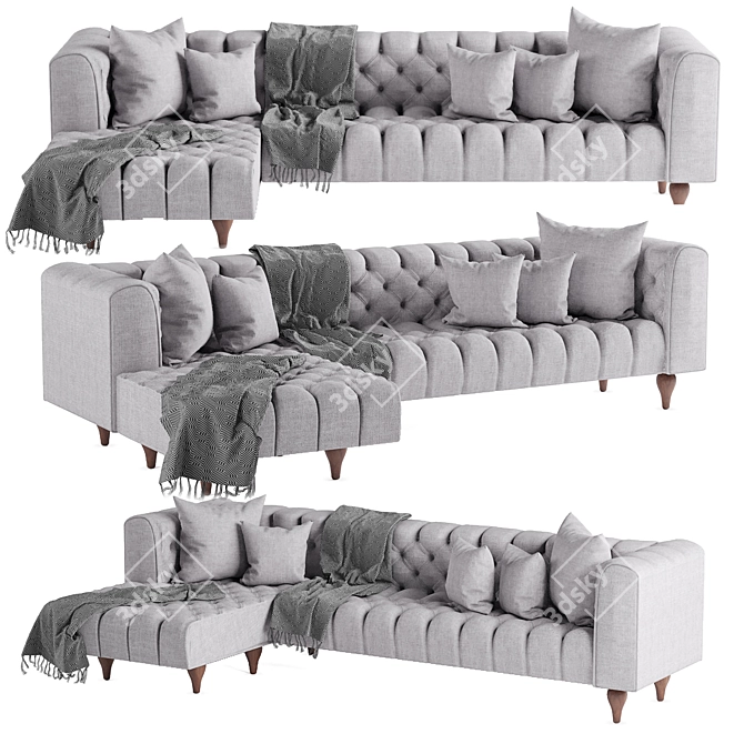 Elegant Grey Tufted L-Shaped Sofa 3D model image 1