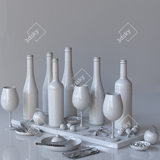 Fruit & Wine Extravaganza: Citrus, Orange, Red & White Wine, Jamon, Walnut 3D model image 2