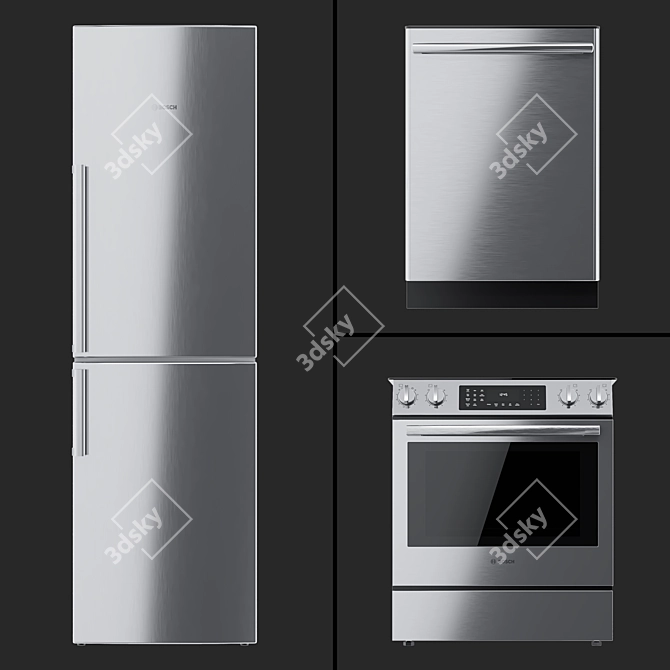 Bosch Kitchen Set: HEI8056U Cooker, B11CB50SSS Fridge, SHX3AR75UC 3D model image 1