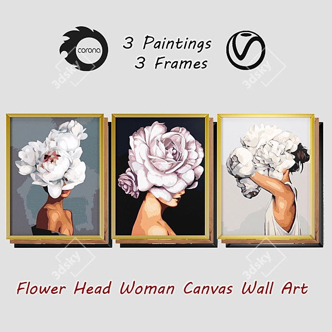 3-Piece Art Line Frame Set: Flower Head Woman 3D model image 1