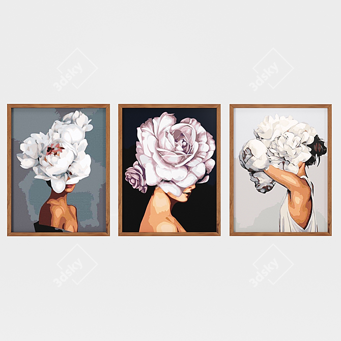 3-Piece Art Line Frame Set: Flower Head Woman 3D model image 2