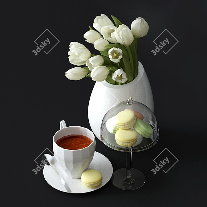 Morning Delights: Coffee, Macarons & Blooms 3D model image 1