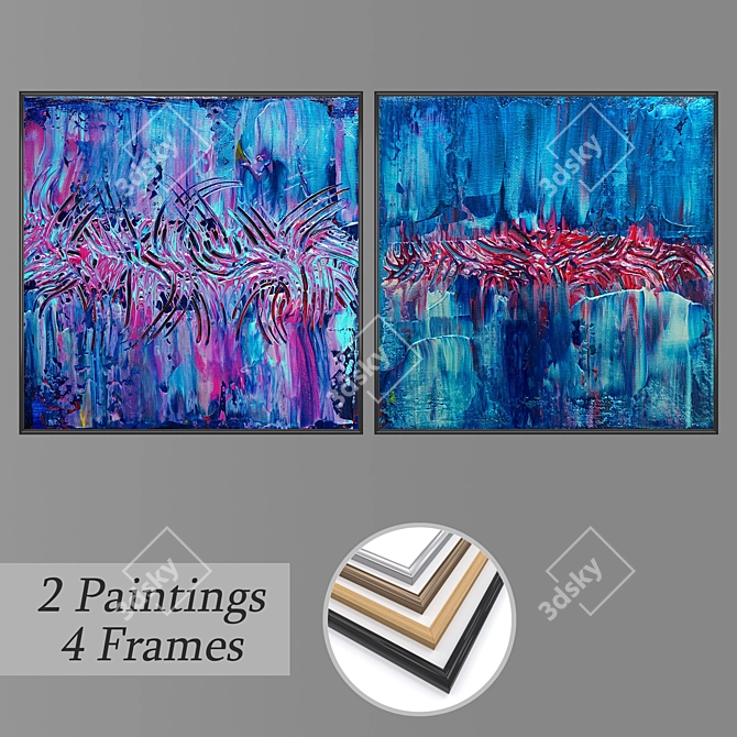 Modern Art Set: 2 Paintings & 4 Frame Options 3D model image 1