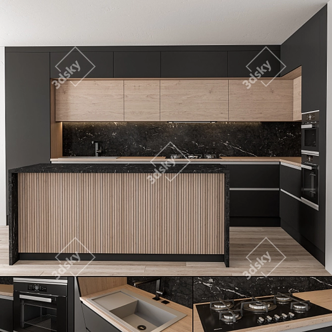 Stylish Black & Wood Kitchen 3D model image 1