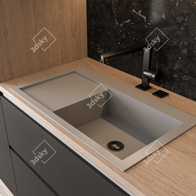 Stylish Black & Wood Kitchen 3D model image 2