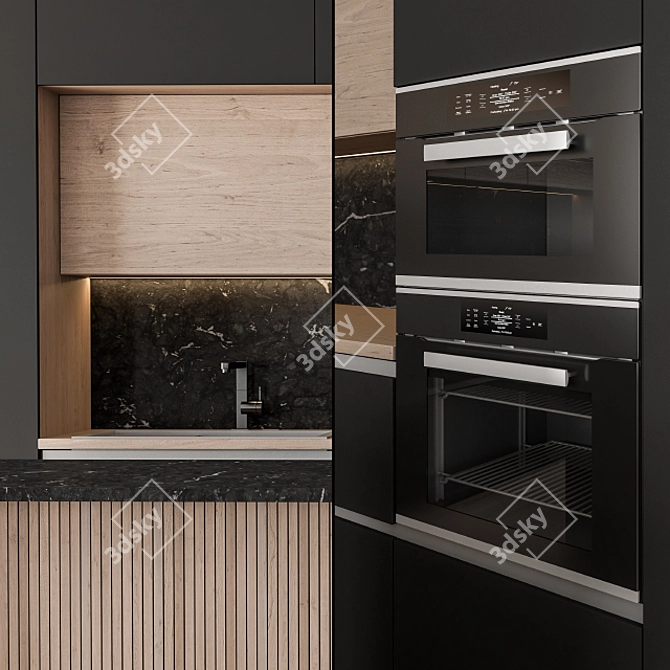 Stylish Black & Wood Kitchen 3D model image 3