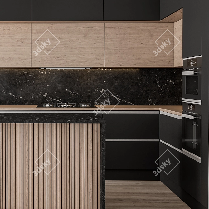 Stylish Black & Wood Kitchen 3D model image 4