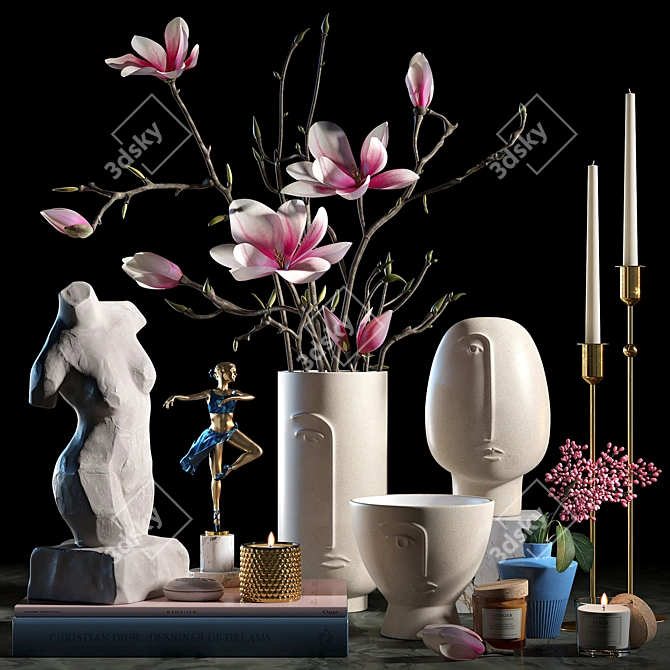 Ceramic Decor Set: Sculptures, Vase, Pot & Scented Candle 3D model image 1