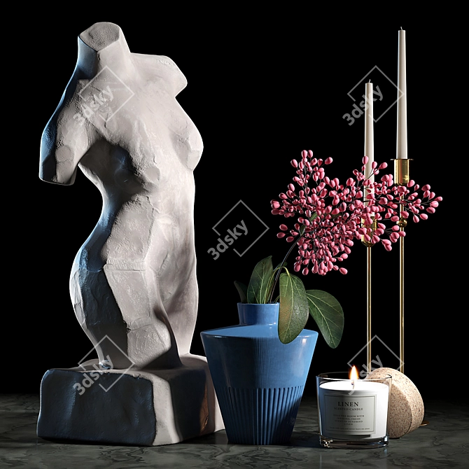 Ceramic Decor Set: Sculptures, Vase, Pot & Scented Candle 3D model image 2