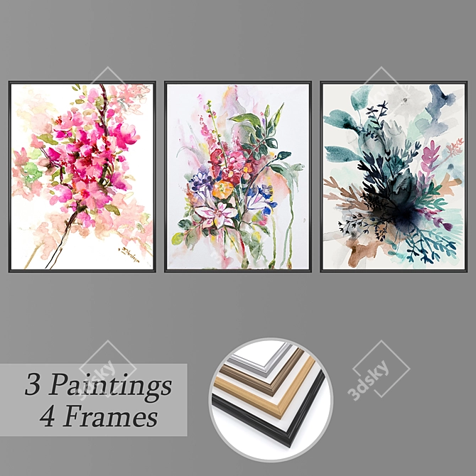 3-Piece Wall Paintings Set with Multiple Frame Options 3D model image 1