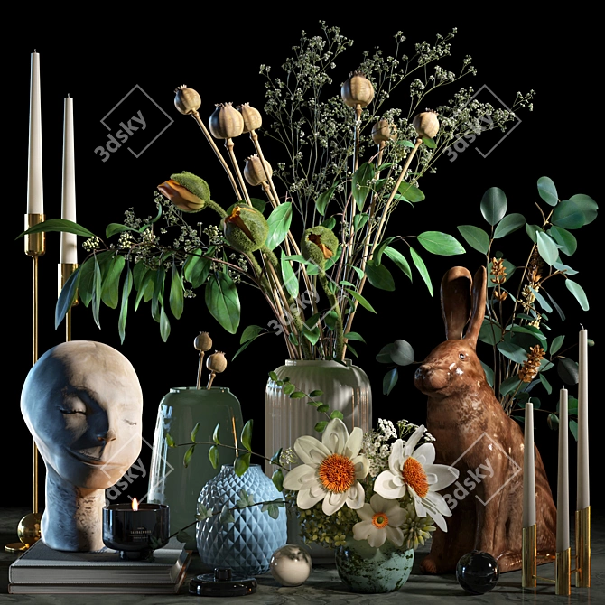 Decor Set: Sculpture, Rabbit Vase & Candle Holder 3D model image 1