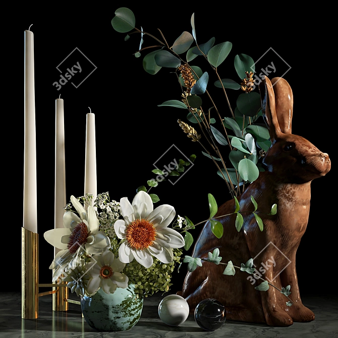 Decor Set: Sculpture, Rabbit Vase & Candle Holder 3D model image 3