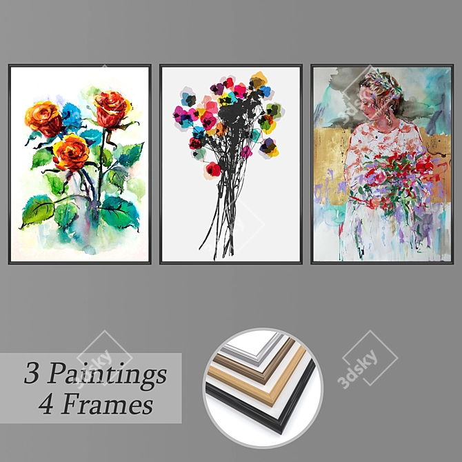 Artistic Collection: 3-piece Wall Paintings with Frame Options 3D model image 1