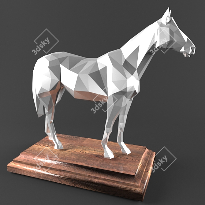 Polygonal Horse Sculpture on Wooden Platform 3D model image 1