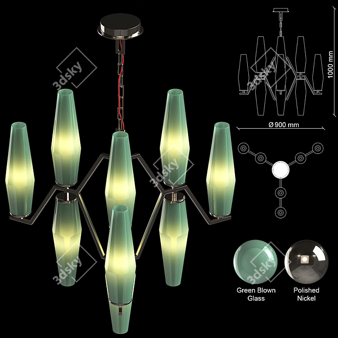 Elegant Green Blown Glass Chandelier 3D model image 8