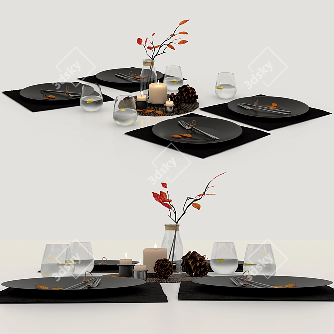 Autumn Vibes: Pinecone & Yellow Leaf Table Setting 3D model image 1