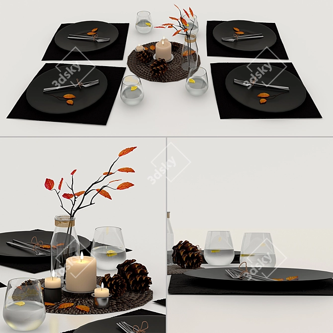 Autumn Vibes: Pinecone & Yellow Leaf Table Setting 3D model image 2