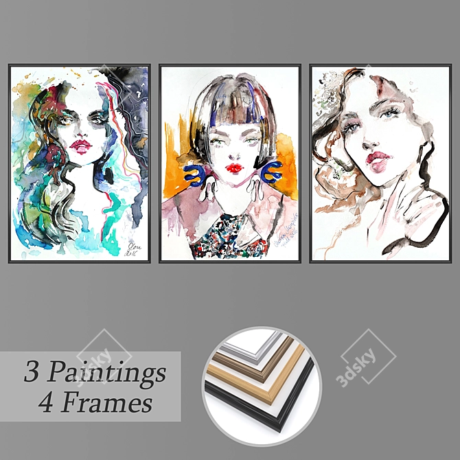 Wall Art Set with 3 Paintings & 4 Frames 3D model image 1