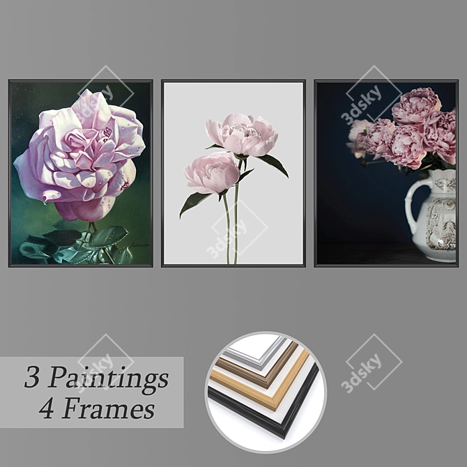 Modern Wall Art Set with 3 Paintings & 4 Frame Options 3D model image 1