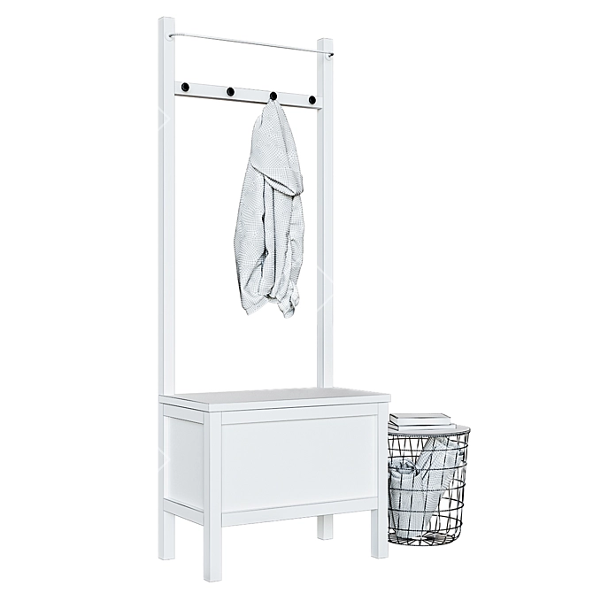 White HEMNES Storage Bench: Box, Rod, Hooks 3D model image 3