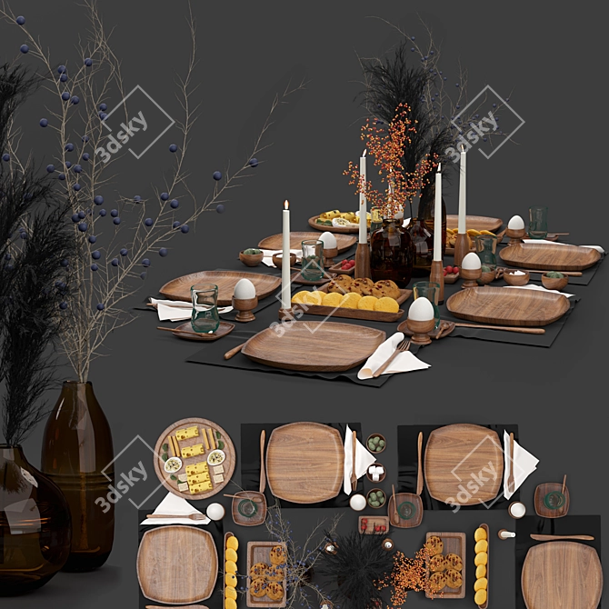 Rustic Wooden Tableware Set 3D model image 5