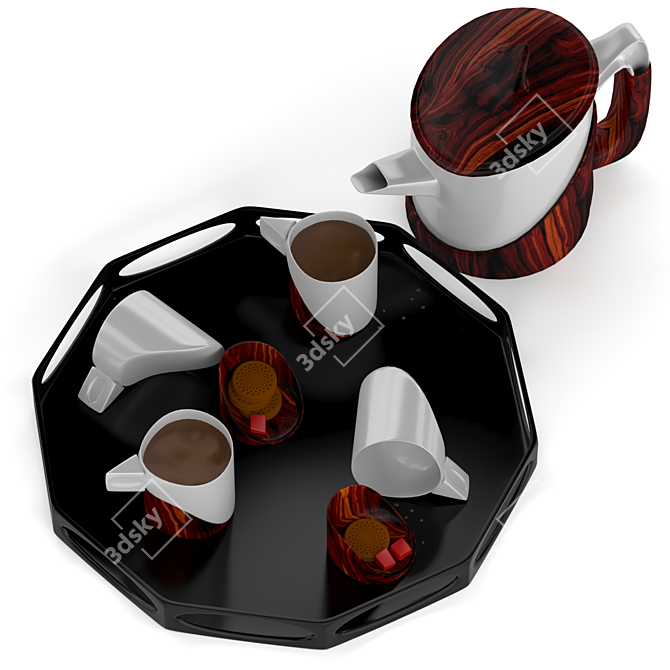 Porcelain Coffee Set with Walnut Stick Tray 3D model image 4