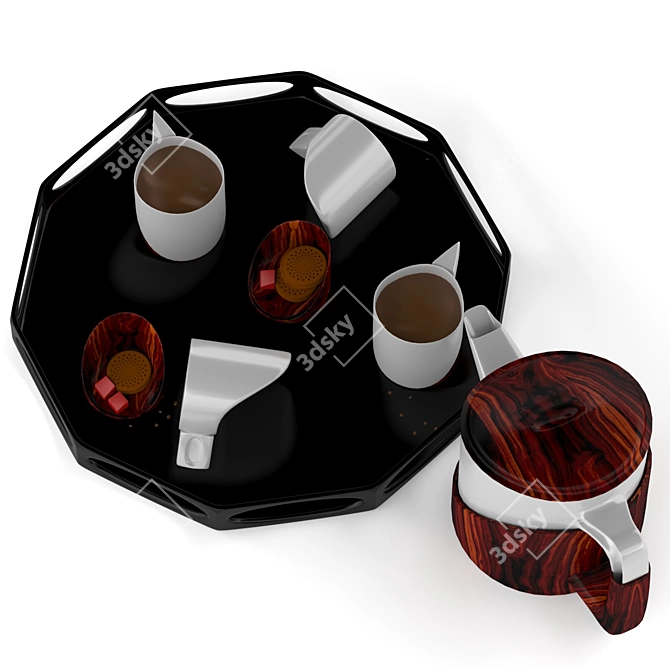 Porcelain Coffee Set with Walnut Stick Tray 3D model image 5