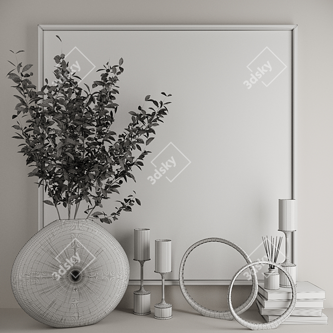 Modern Decor Set with Abstract Canvas, Golden Vase, Glass Candleholders, Golden Ring Sculptures 3D model image 2