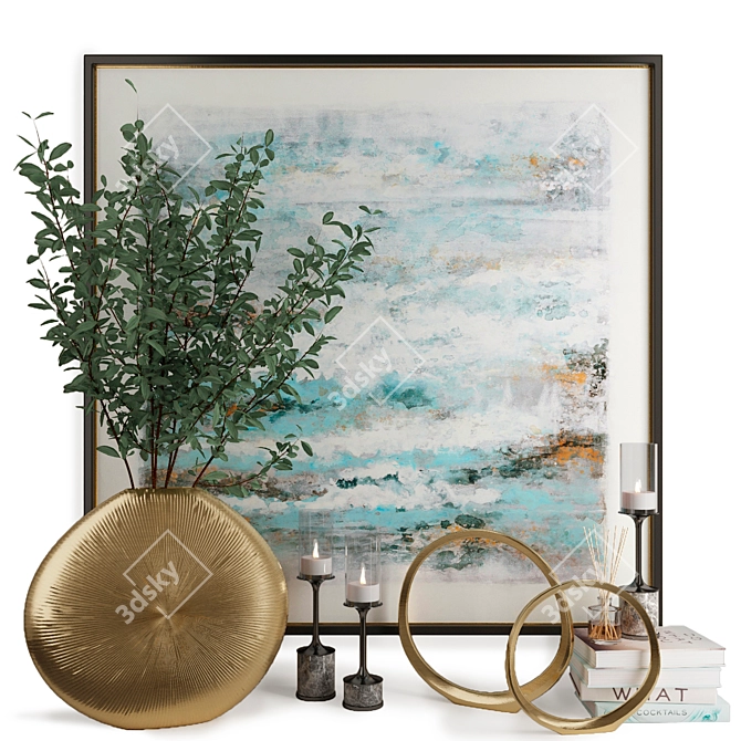 Modern Decor Set with Abstract Canvas, Golden Vase, Glass Candleholders, Golden Ring Sculptures 3D model image 3