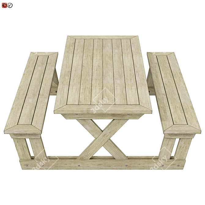 Wooden Garden Bench-Table 3D model image 2