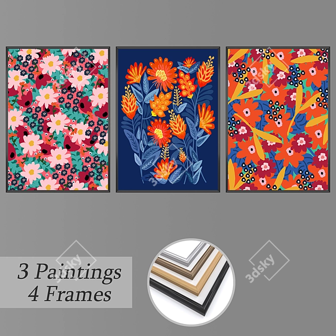 3-Piece Wall Painting Set with Various Frame Options 3D model image 1