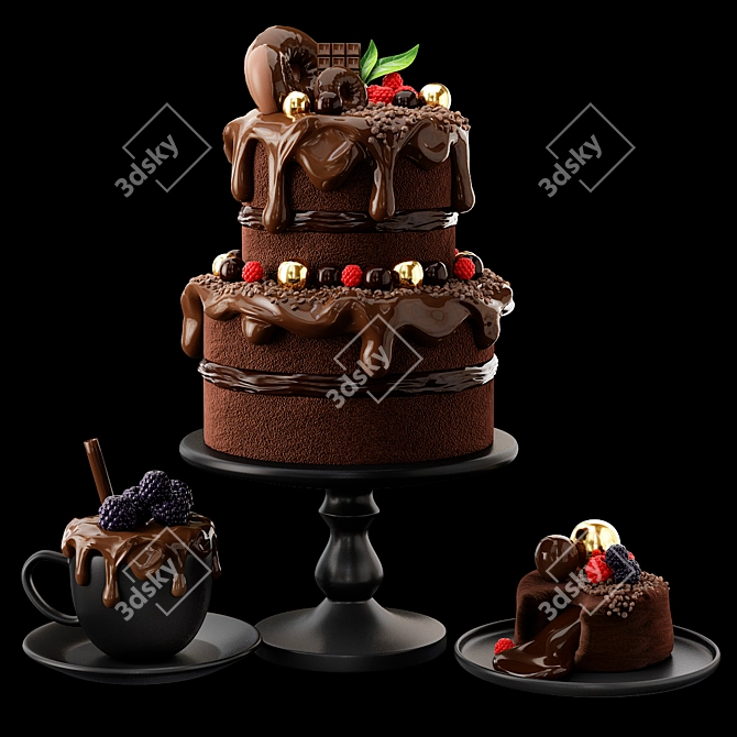 Decadent Fruit-Infused Chocolate Cake 3D model image 1