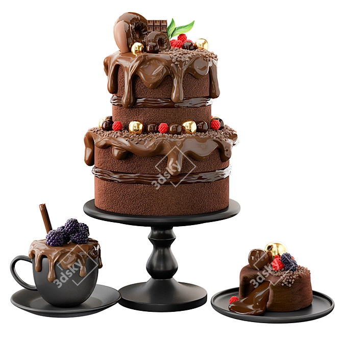 Decadent Fruit-Infused Chocolate Cake 3D model image 5