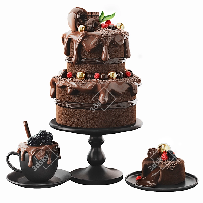 Decadent Fruit-Infused Chocolate Cake 3D model image 6