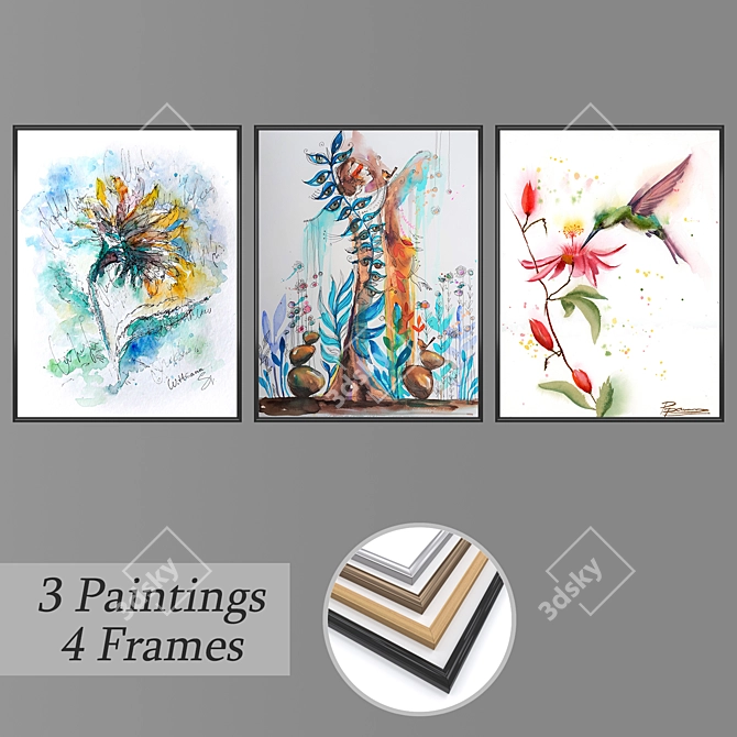 Artistic Trio: Set of Wall Paintings 3D model image 1