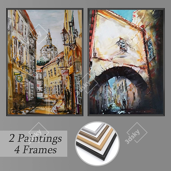 Versatile Set of Wall Paintings with Frames 3D model image 1