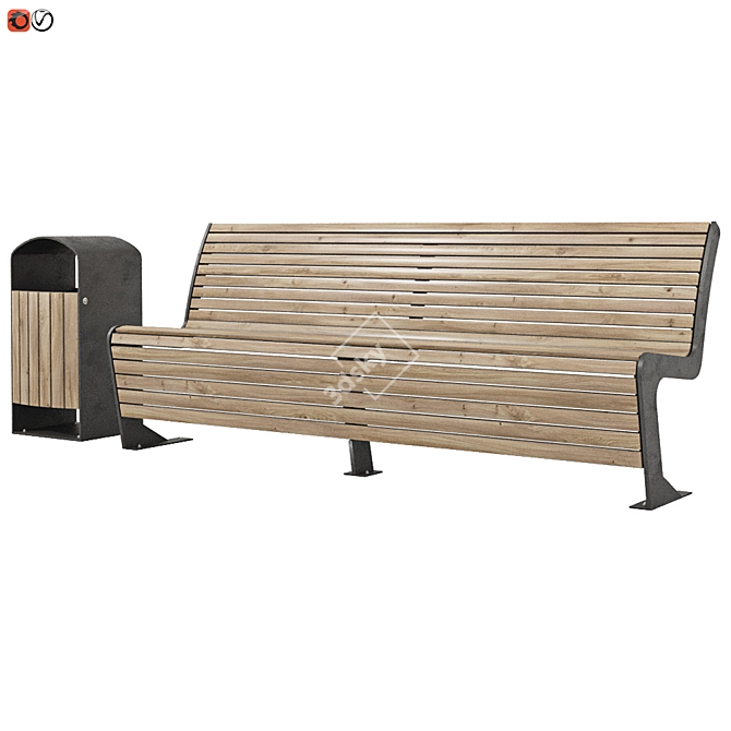 Park Bench & Trash Bin Set 3D model image 1