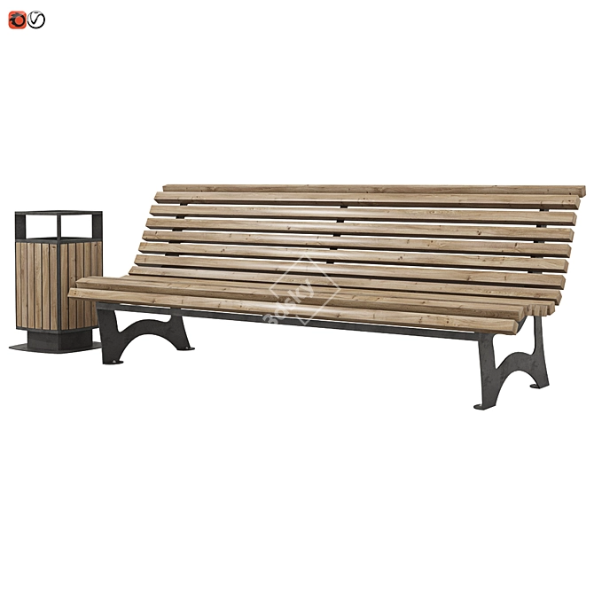 Park Bench Set with Trash Bin 3D model image 1