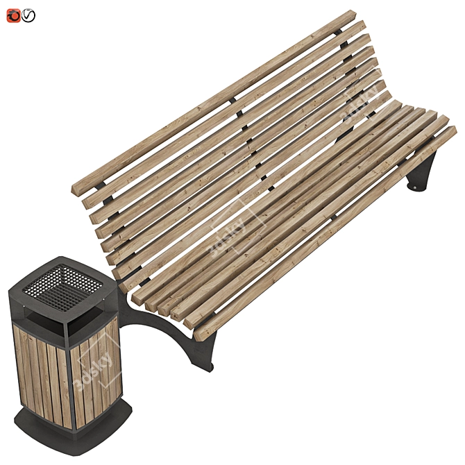 Park Bench Set with Trash Bin 3D model image 2