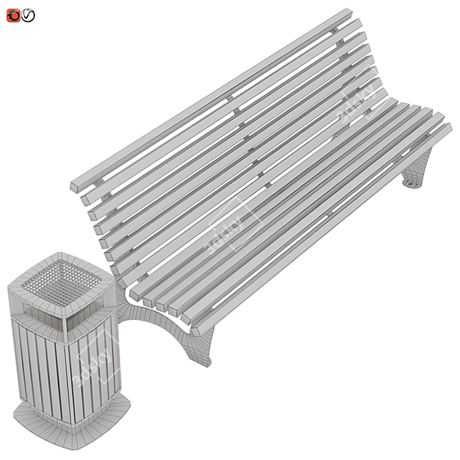 Park Bench Set with Trash Bin 3D model image 3
