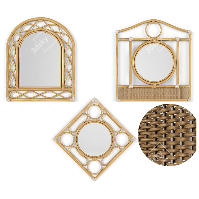 Elegant Rattan Bamboo Mirror Set 3D model image 1