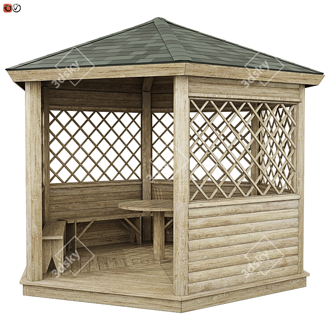 Hexagon Wooden Garden Gazebo with Benches 3D model image 1